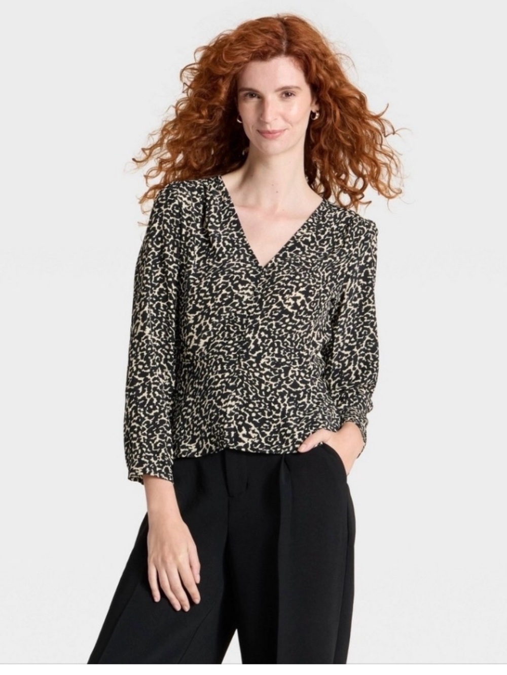 nwt - A new day - M - Women's Black & Cream Printed Wrap Blouse